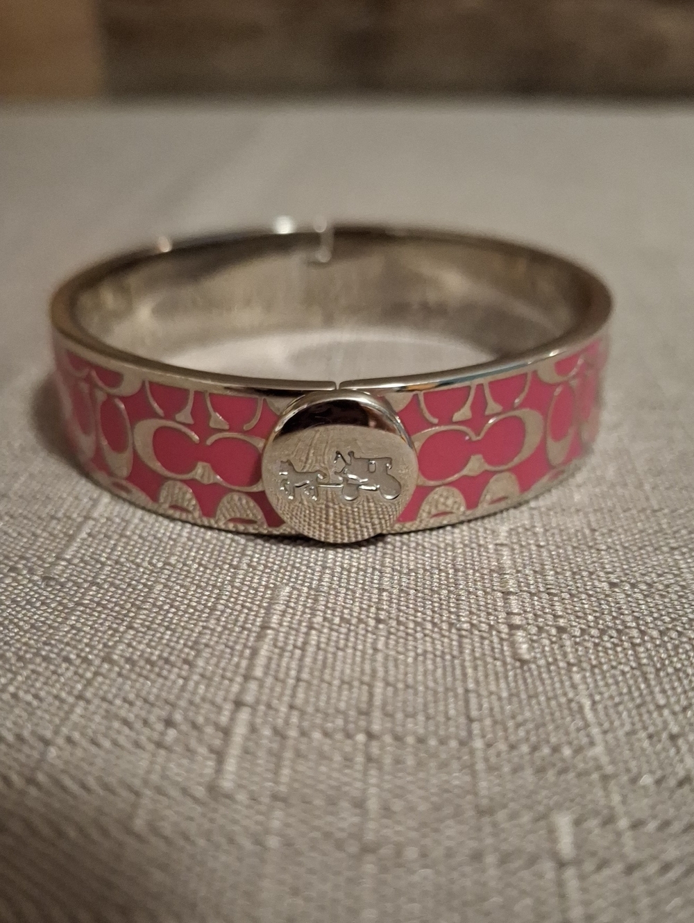 Coach Pink Signature Enamel Hinged Bangle Bracelet with Silver Tone